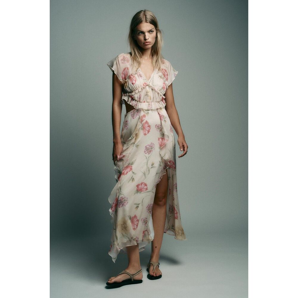 Floral Print Cut Out Midi Dress – Multicolored – Size S – NWT